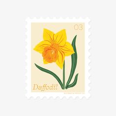 a stamp with an image of a yellow daffodil on it's side