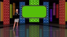 a woman standing in front of a green sign with colorful blocks behind her on a black background