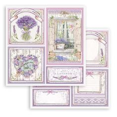 four greeting cards with flowers in the middle and purple trimmings on each card