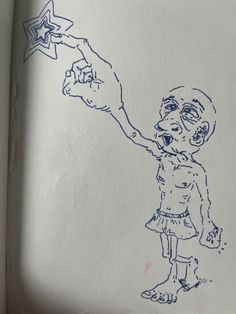 a drawing of a person holding a star in one hand and pointing it at the other