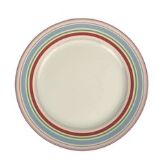 a white plate with red, green and blue stripes on the rim is shown in front of a white background