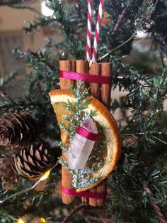 an ornament hanging from a christmas tree decorated with orange slices and cinnamon sticks