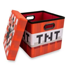 an orange and white storage box with the word tht on it's side