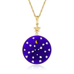 Ross-Simons - Italian Blue Murano Glass Stars, Moon Pendant Necklace in 18kt Gold Over. Our Italian-made necklace is as magical as an evening in Roma. The Murano glass round beams a bold shade of midnight blue, with white stars and a yellow crescent moon to complete the celestial scene. Framed in polished 18kt yellow gold over sterling silver and suspended from a Singapore chain that adjusts from 24" to choker length. Murano glass is unique and will vary. Lobster clasp, Murano glass stars and mo Yellow Crescent Moon, Italian Blue, Stars Moon, Glass Stars, Moon Pendant Necklace, White Stars, Moon Pendant, Stars And Moon, Crescent Moon