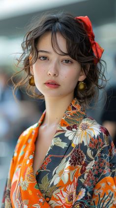 a woman in an orange floral kimono is looking off to the side and has her hair pulled back