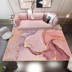 a living room with pink couches and marble flooring on the rug is shown