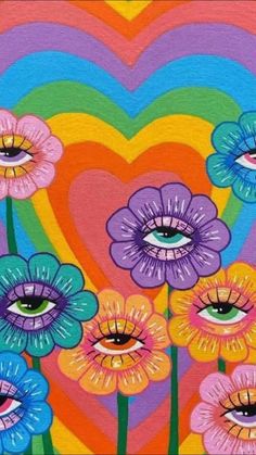 a painting of flowers with an eye in the center and a rainbow heart behind it