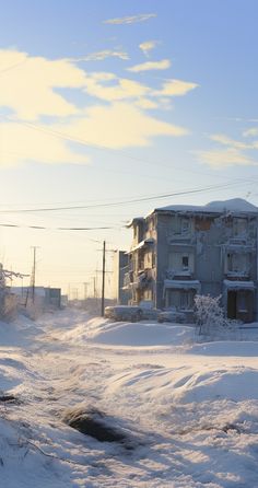 a snow covered street with buildings in the background