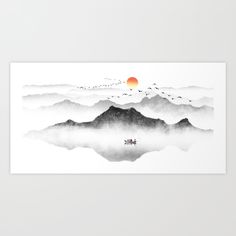 a watercolor painting with mountains and birds flying over the foggy lake at sunset