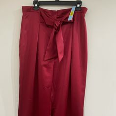 Nwt Satin Wide Leg Pant Bright Wine Red Color Comes With Tie Belt It Can Be Used To Tie From Front Or To The Back Great For Casual Or Formal Wear Elegant Red Satin Bottoms, Red Satin Bottoms For Summer, Red Satin Summer Bottoms, High Waist Satin Bottoms For Date Night, High-waist Satin Bottoms For Date Night, Red Satin Bottoms, Red Ankle-length Party Pants, Red Ankle-length Pants For Party, Burgundy Wide Leg Pants For Party