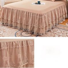 the bed is made up with ruffled bedspread