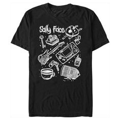 Join Sal Fisher, aka Sally Face as he and his friends investigate local murders in the exciting indie adventure game created by Portable Moose, Sally Face! This Men's Sally Face Icon Doodles Graphic T-Shirt features doodles of Sal's mask, a guitar, a Gear boy, an instant camera, keys, a lighter, a coffee cup, a bird cage, and a Walkie-talkie. Get some new Sally Face apparel today and join the boy with the prosthetic face on his next investigation! Icon Doodles, Prosthetic Face, Sal Fisher, Face Icon, Mens Graphic T, Sally Face, Adventure Game, Swaggy Outfits, Walkie Talkie