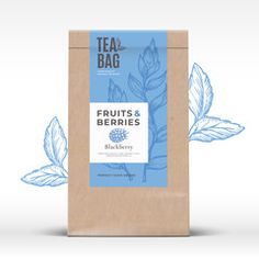 a bag of tea with leaves on it and the words fruits and berries written in blue ink