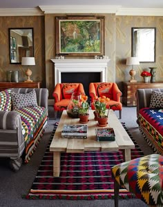 a living room filled with furniture and a fire place in the middle of a room