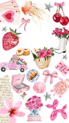 a bunch of different items that are on a white surface with pink flowers and hearts