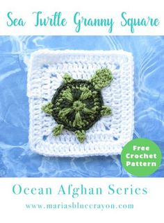 an ocean afghan is shown with the words sea turtle granny square in green and white