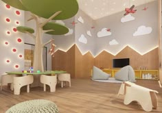 the children's playroom is decorated in white and green with trees on the walls