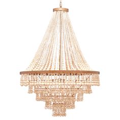 a white chandelier with beads hanging from it's center point and wooden accents