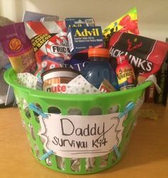 a green basket filled with candy and snacks