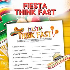 the fiesta think fast printable is shown on top of a mexican themed tablecloth