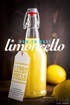 a bottle of lemonade next to some lemons and a tag that says how to make limoorello