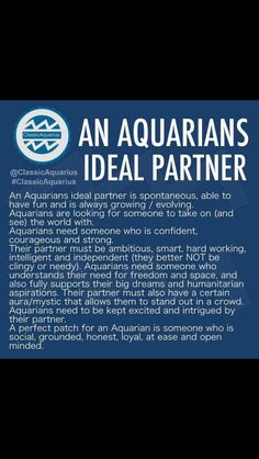 an aquarian's ideal partner text on a dark blue background with the words, an aquarians ideal partner