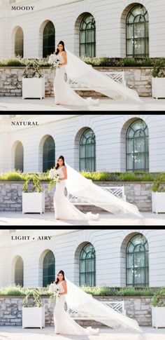 a woman in a white wedding dress is posing for the camera with her veil blowing