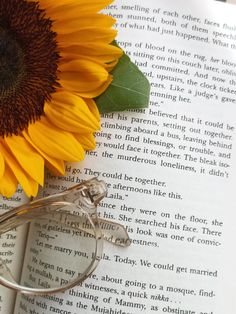 a sunflower sitting on top of an open book with reading glasses next to it