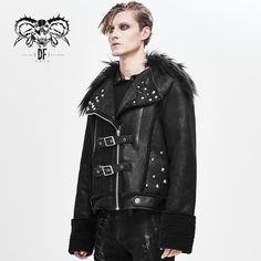 Decadent Punk Warm Spiked Fur Collar Men Wool Short Jacket With Loops Punk Subculture, Jacket With Fur Collar, Punk Jacket, Mode Steampunk, Classic Punk, Gothic Jackets, Gothic Men, Being Different, Jacket With Fur