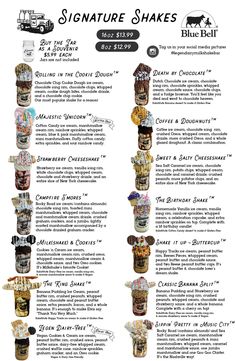 the menu for blue bell's signature shakes