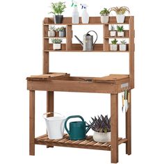 a wooden shelf with potted plants and watering tools on it, against a white background