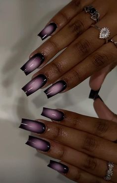 Jhene Aiko Theme Nails, Black Unique Nails, Purple And Black Aura Nails, Nail Inspo Summer Black, Gel X Nails Purple, Moss Nails Acrylic, Black People Salad, Birthday Black Nails, Nail Themes Ideas