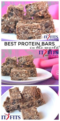 three different views of chocolate peanut butter protein bars on white plates with pink and blue background