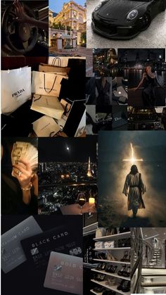 a collage of photos with various items in them including a car, people and buildings