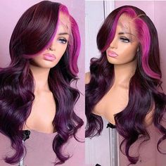 Wig Skunk Stripe, Lace Front Wigs Pink, Wigs Pink, Pink Purple Hair, Pink Streaks, Long Human Hair Wigs, Wig Styling, Purple Wig, Short Human Hair Wigs