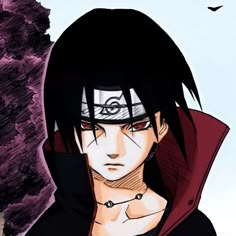 an anime character with black hair and red eyes