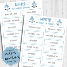 two printable winter activities for kids with snowmen on them and the words,