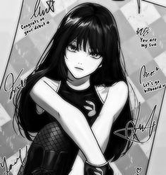 a drawing of a girl with long black hair and bangs, holding her arms crossed