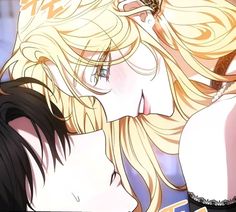 an anime character with long blonde hair and blue eyes is kissing another character's forehead