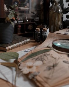 an open book sitting on top of a wooden table next to bottles and jars filled with plants