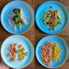 four plates with different types of food on them, including broccoli and carrots