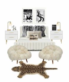 a bedroom with white furniture and leopard print rugs on the floor, two pictures hang above the bed