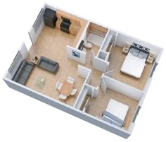 an overhead view of a two bedroom, one bath apartment with living room and kitchen