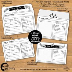 four printable planner pages with flowers and leaves on them, all in black and white