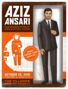 an orange and black poster with a man in a suit