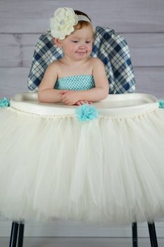 aqua Ivory Highchair tutu First birthday highchair by BBMCreations White Ruffles Tutu Dress For First Birthday, Cute Blue Tutu Dress For First Birthday, First Birthday Tulle Tutu Dress With Ruffles, Light Blue Tutu Dress For Summer Dress-up, Light Blue Spring Tutu Dress For Dress-up, Birthday Highchair