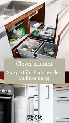 So könnt ihr in der Küche Platz sparen, indem ihr ein praktisches System nutzt, was Mülltrennung betrifft. Clever Storage, Kitchen Organization, Ironing Center, Furniture, Home Decor, Design