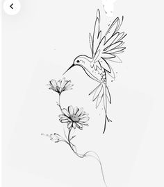 a black and white drawing of a hummingbird flying over flowers