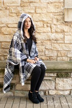 How To Make A Wearable Blanket: Cozy And Comfortable - Melly Sews Cape Coat Pattern, Wearable Blankets, Wool Blanket Coat, Diy Cape, Chunky Yarn Blanket, Average Size Women, Melly Sews, No Sew Fleece Blanket, Fleece Poncho