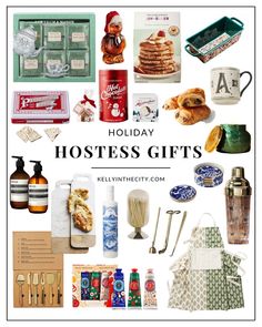 the words holiday hostess gifts are surrounded by images of food, drinks and kitchen utensils